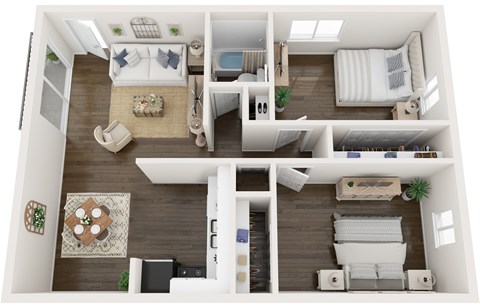 Floor plan for 2 beds, 1 bath, 839 sqft
